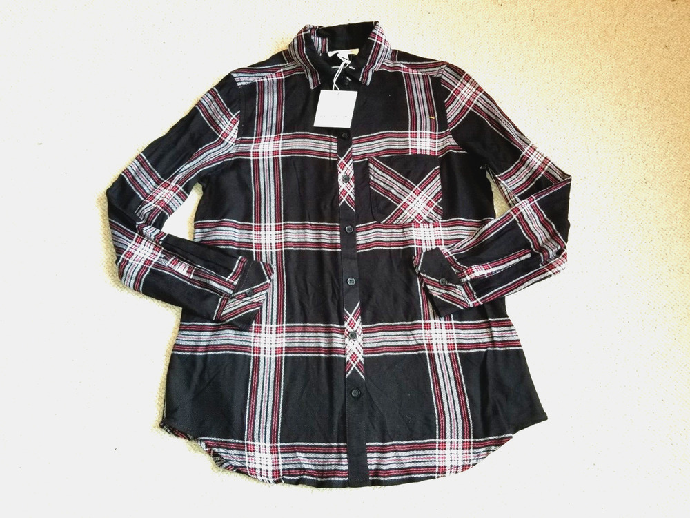 NWT Womens Shirt-BEACH LUNCH LOUNGE-black/red/white plaid "Charley" ls-S